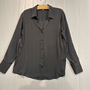 Maison D’Amelie Gray White Micro Stripe Button Up Satin Blouse